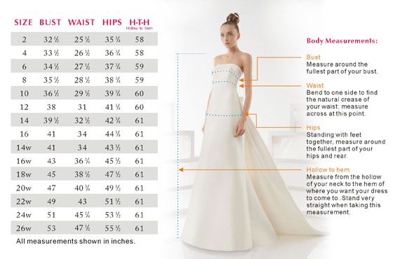 Size chart for wedding dresses by Hela Bridal